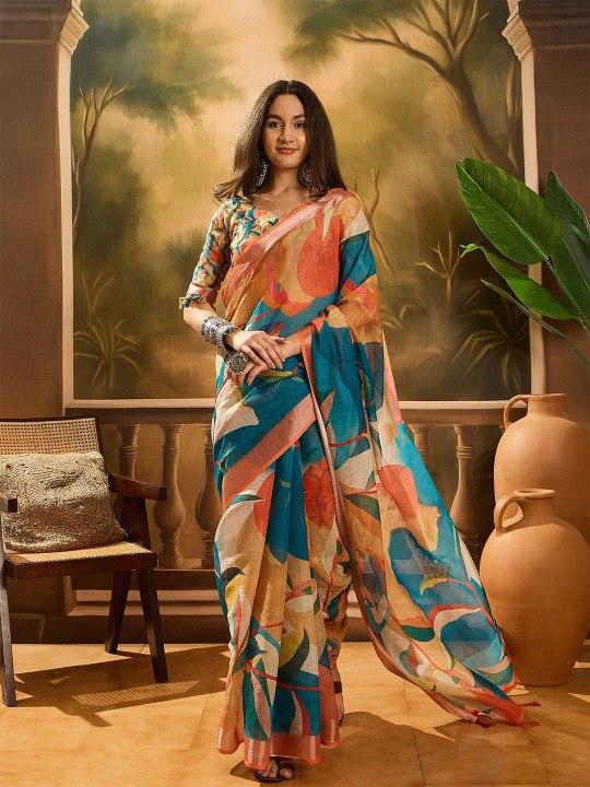 Painterly Abstract Digital Print Linen Cotton Saree