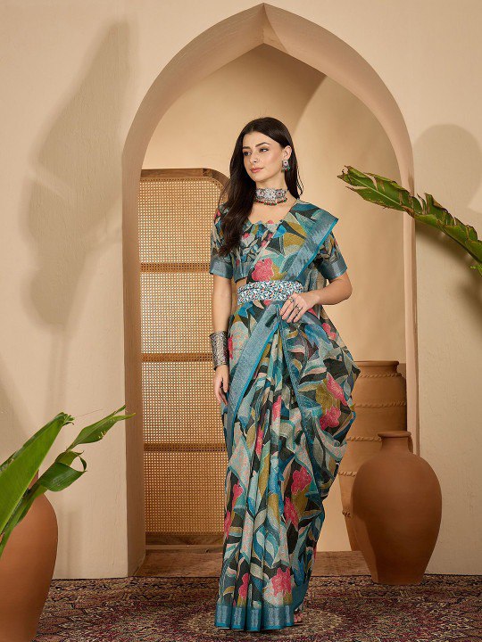 Contemporary Jungle Print Digital Print Linen Cotton Saree