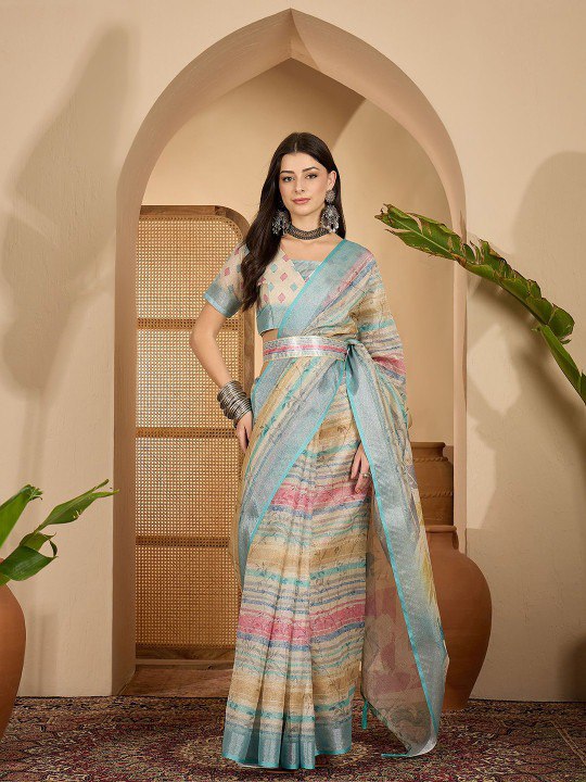 Earthy Abstract Digital Print Linen Cotton Saree
