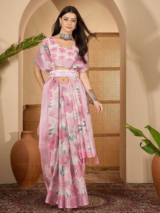 Bold Floral Digital Print Linen Cotton Saree