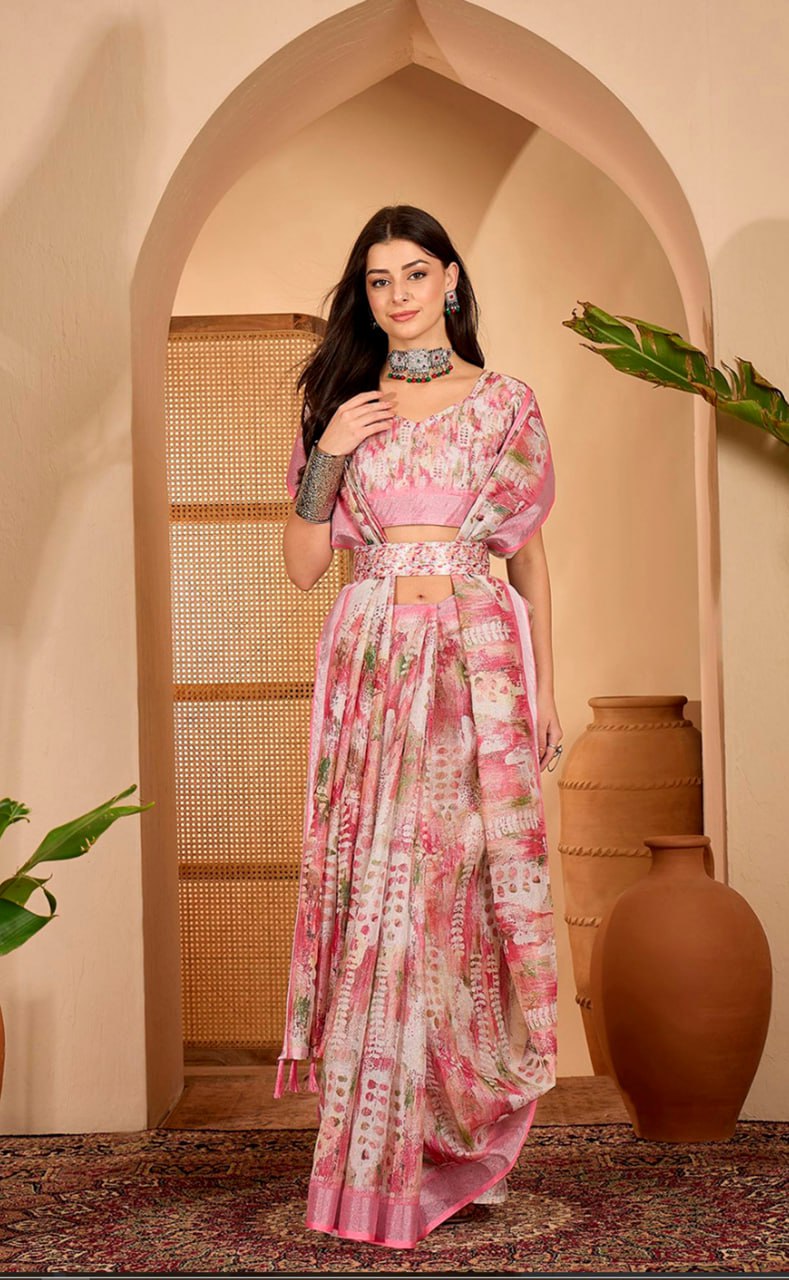 Vibrant Abstract Digital Print Linen Cotton Saree