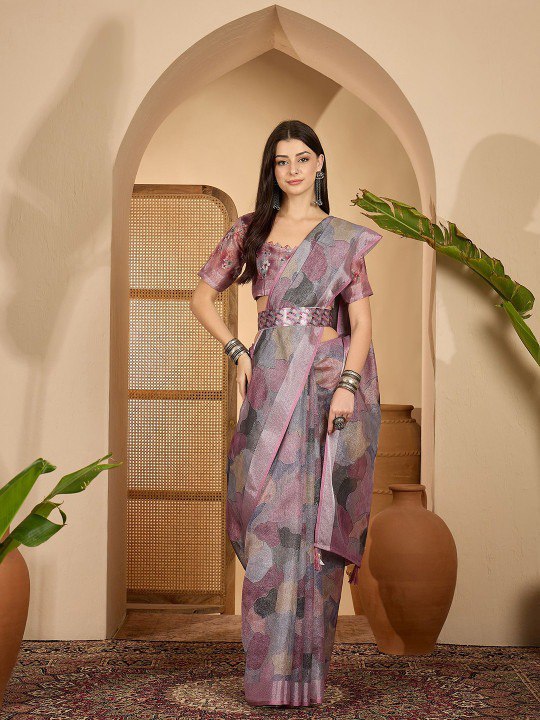 Lavender Leaf Digital Print Linen Cotton Saree