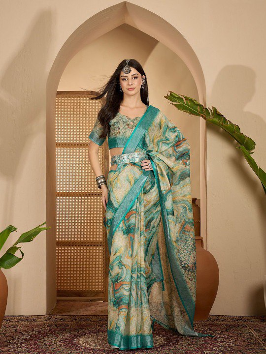 Aqua Marble Digital Print Linen Cotton  Saree