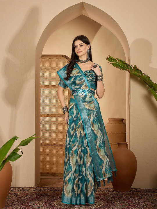 Soft Pink Floral Linen Cotton Saree