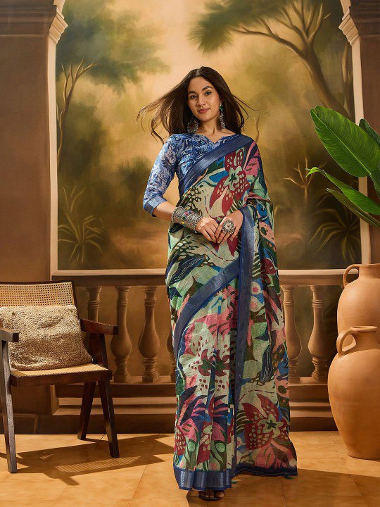 Elegant Blue Floral Digital Print Saree