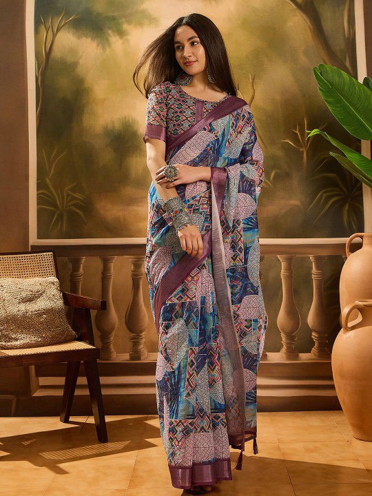 Purple Multi-Color Geometric Linen Cotton Saree