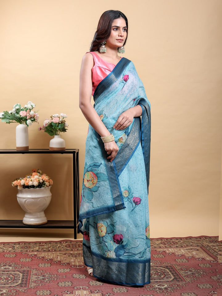 Serene Blue Modern Floral Print Saree with Contrast Navy Zari Border