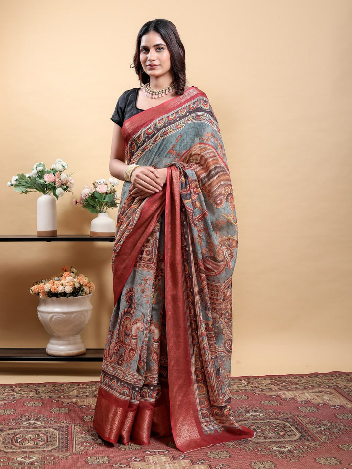 Artistic Grey Kalamkari Saree with Patola Print and Contrast Maroon Border