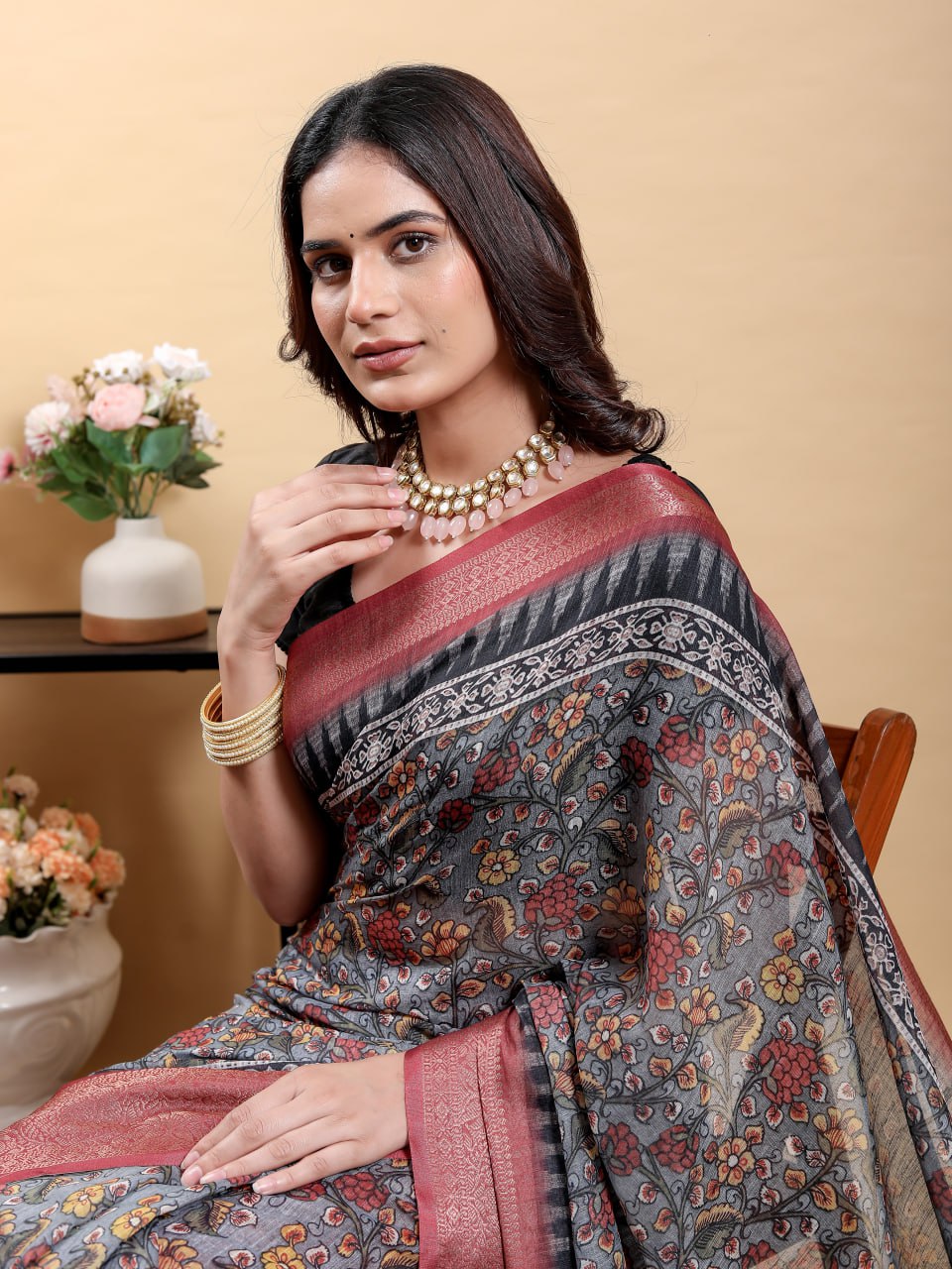 Elegant Grey Traditional Print Saree with Contrast Maroon Zari Border