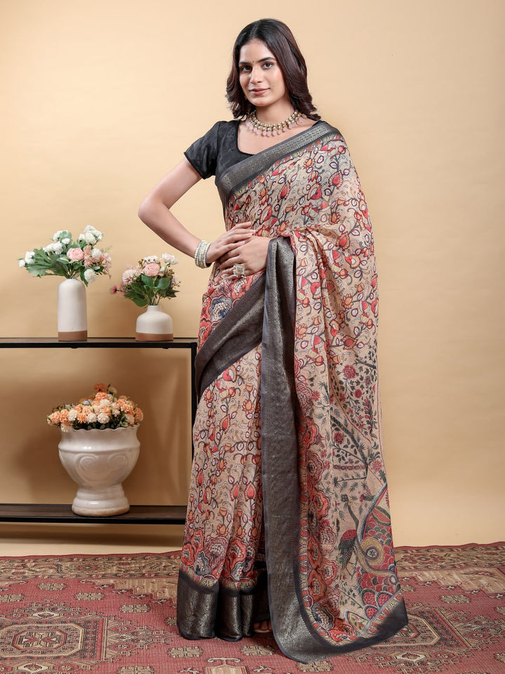 Elegant Beige Kalamkari Saree with Peacock/Bird Motif and Black Zari Border