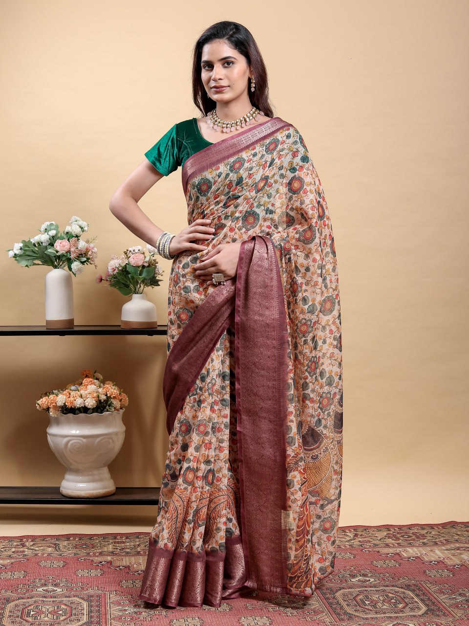 Elegant Peach/Beige Kalamkari Saree with Peacock Print and Maroon Border