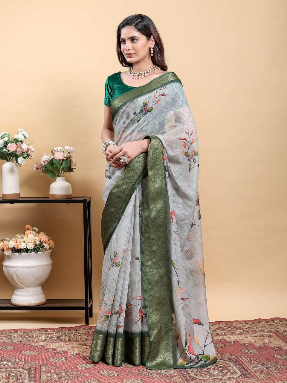 Elegant Light Grey Saree with Modern Floral Print and Zari Border