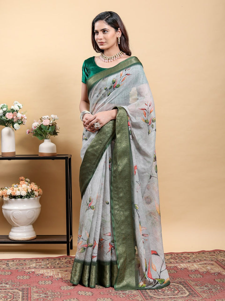 Elegant Light Grey Saree with Modern Floral Print and Zari Border