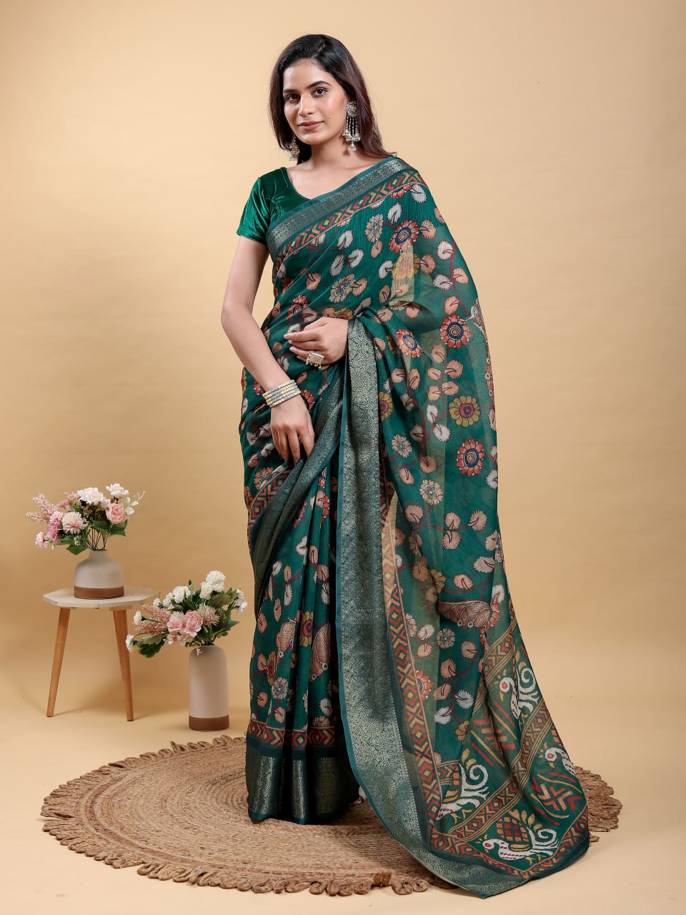 Elegant Forest Green Patola/Pochampally Print Saree with Zari Border