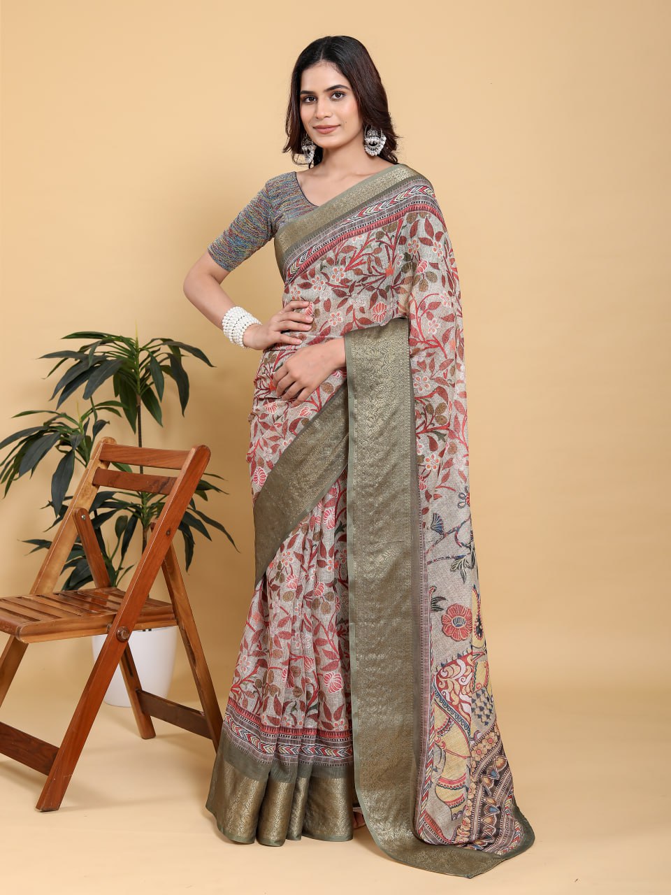 Elegant Beige Kalamkari Print Saree with Olive Green Zari Border