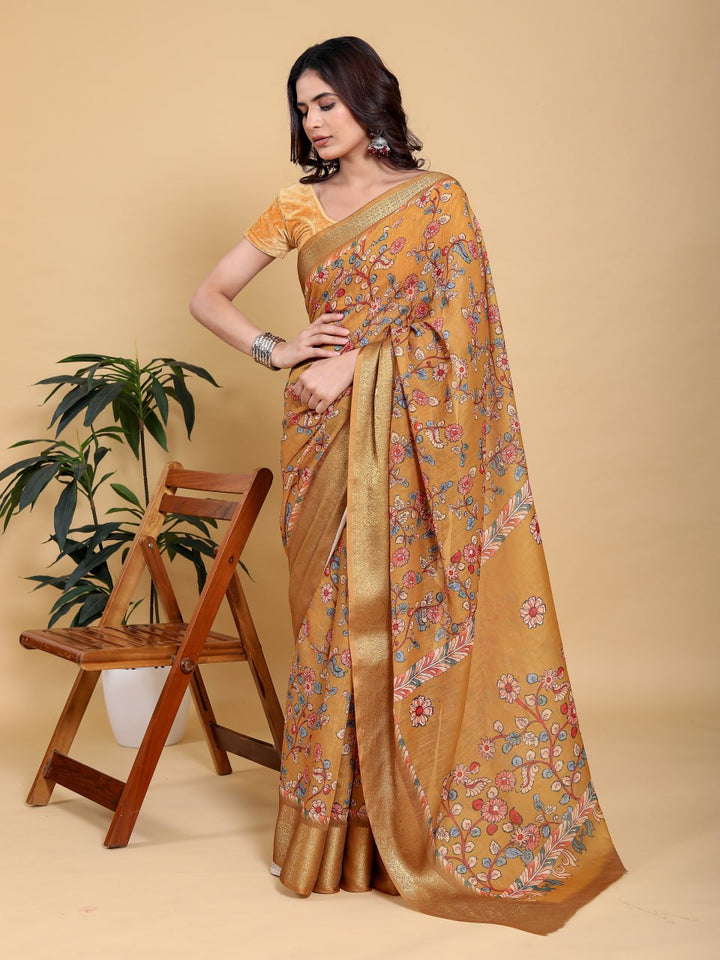 Elegant Mustard Yellow Floral Print Saree with Broad Zari Border