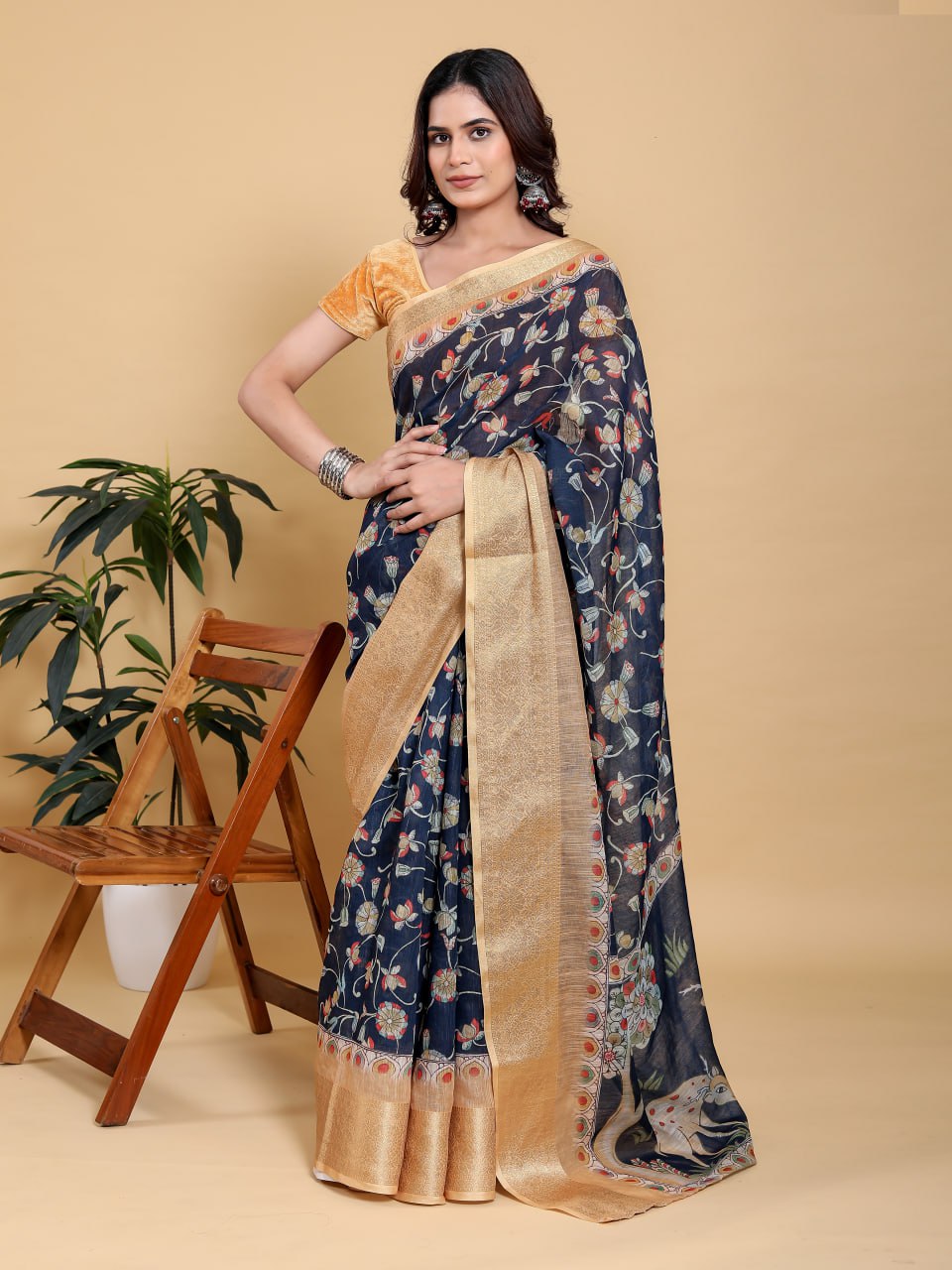 Elegant Navy Blue Floral Print Saree with Deer Motif and Zari Border