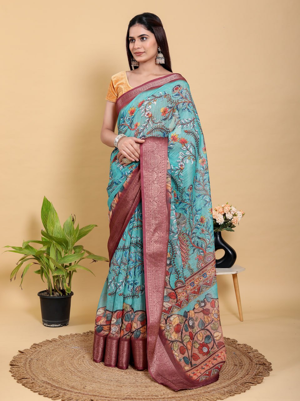 Aqua Teal Peacock Print Linen Cotton Saree