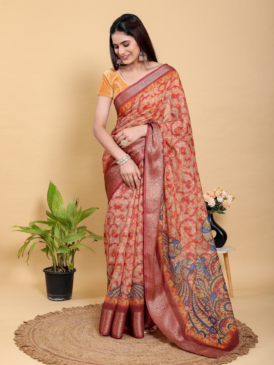 Vibrant Red Artistic Peacock Linen Cotton Saree