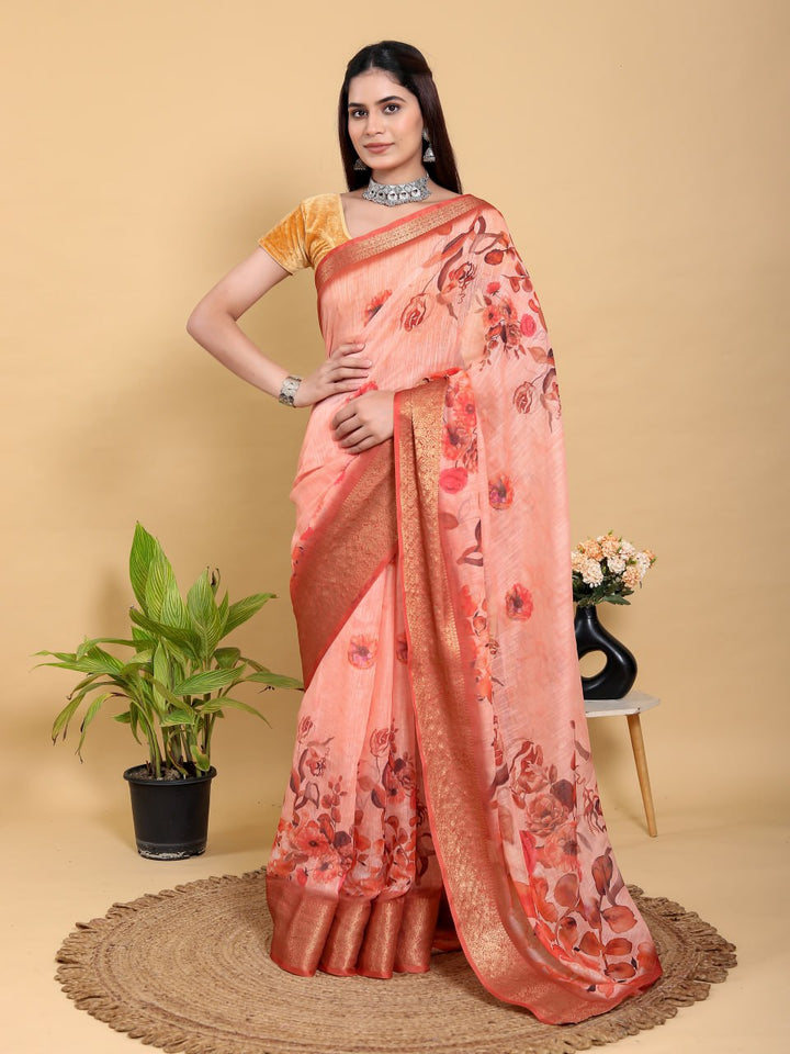 Peach Orange Floral Print Linen Cotton Saree Product Code: GG-618