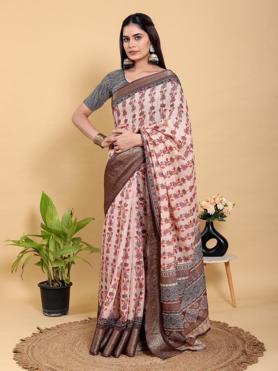 Beige Floral Print Linen Cotton Saree