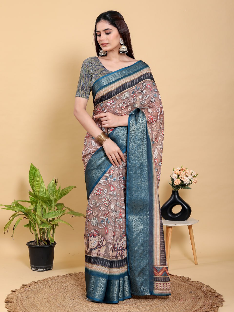 Heritage Brown & Teal Artistic Linen Cotton Saree