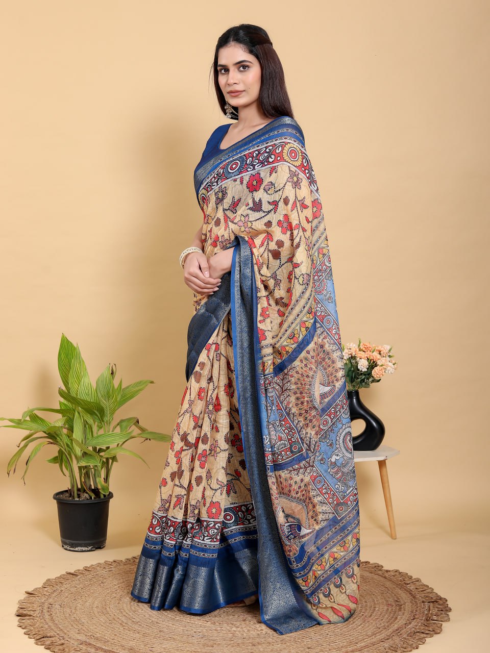 Artistic Beige & Blue Peacock Linen Cotton Saree