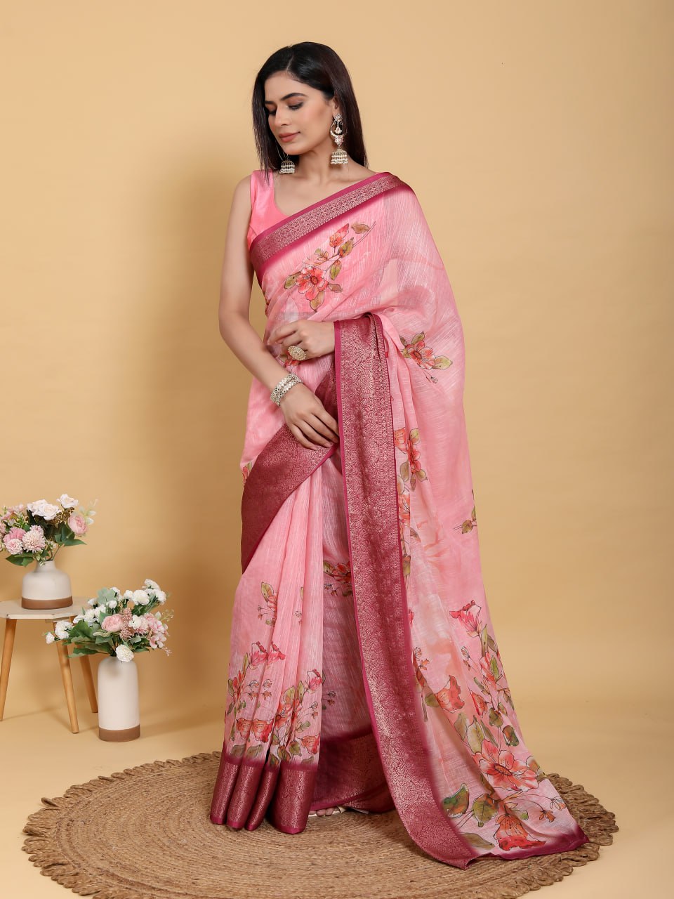Sunset Pink Abstract Floral Print Linen Cotton Saree