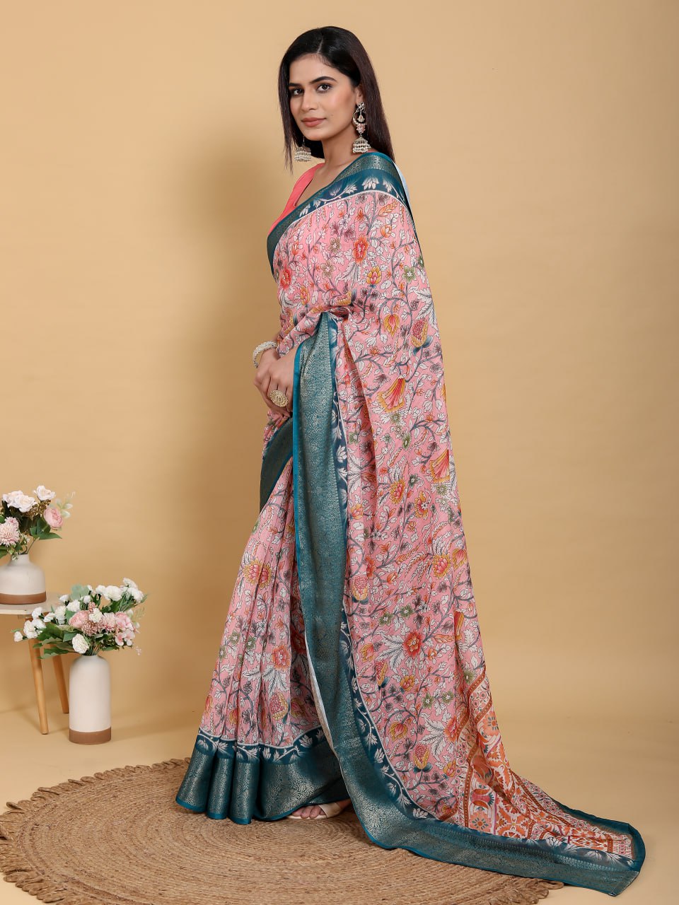 Elegant Rose Pink Floral Print Linen Cotton Saree