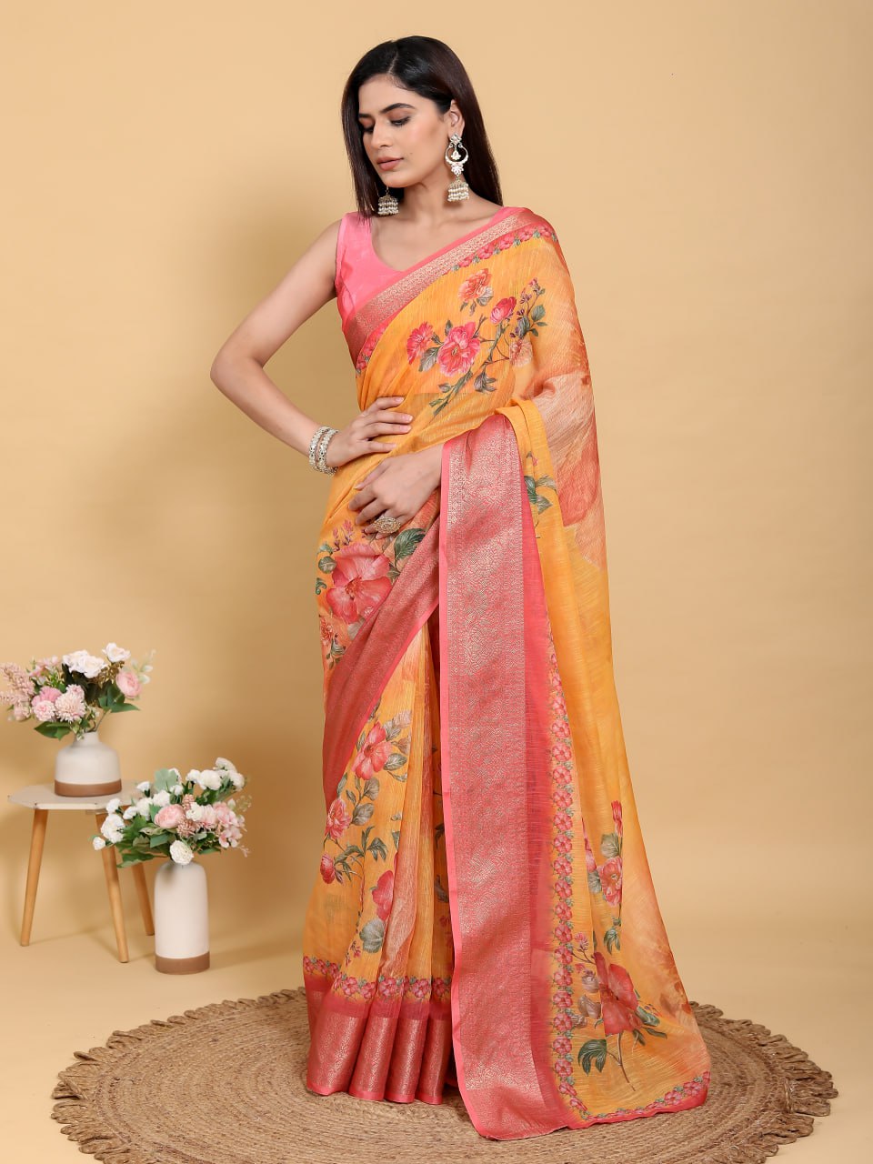 Vibrant Sunshine Yellow Floral Print Linen Cotton Saree