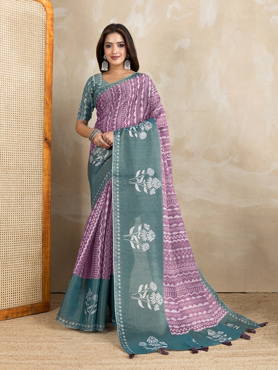 Graceful Purple & Teal Printed Silk Saree