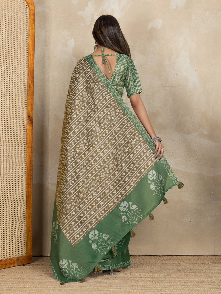 Elegant Green & Beige Printed Silk Saree