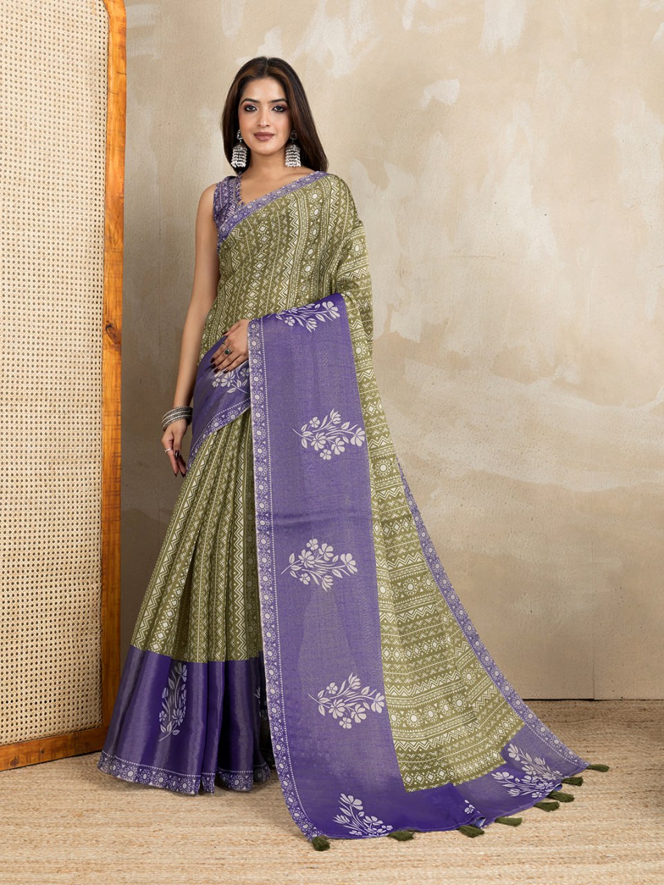 Olive Green & Purple Dual-Tone Printed Erode Anmol Silk Saree