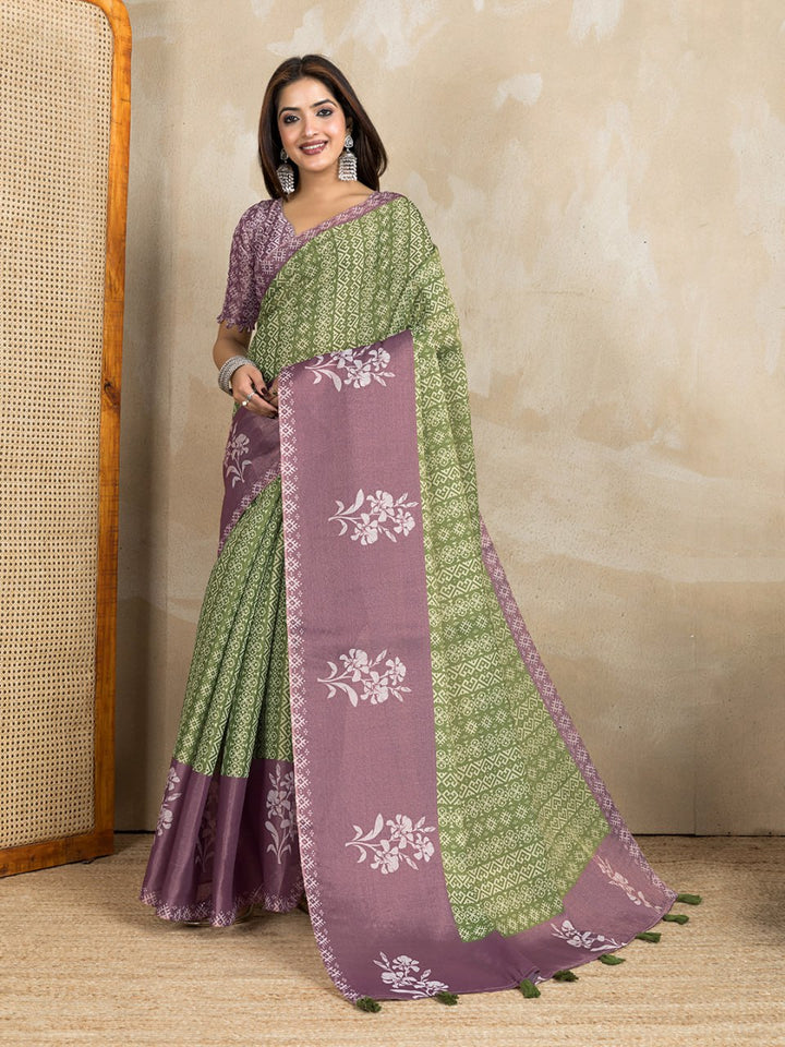 Mauve & Green Dual-Tone Printed Erode Anmol Silk Saree