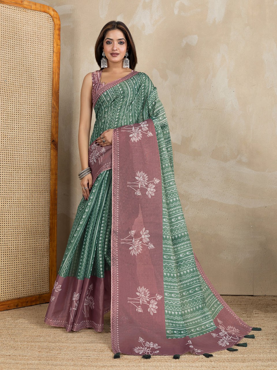 Green & Mauve Dual-Tone Printed Erode Anmol Silk Saree