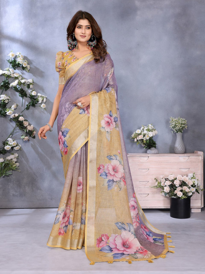 Lavender Yellow Floral Printed Saree
