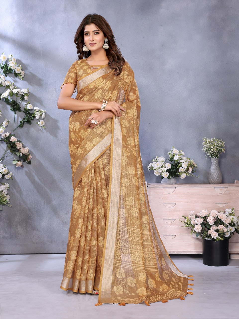 Golden Floral Woven Saree