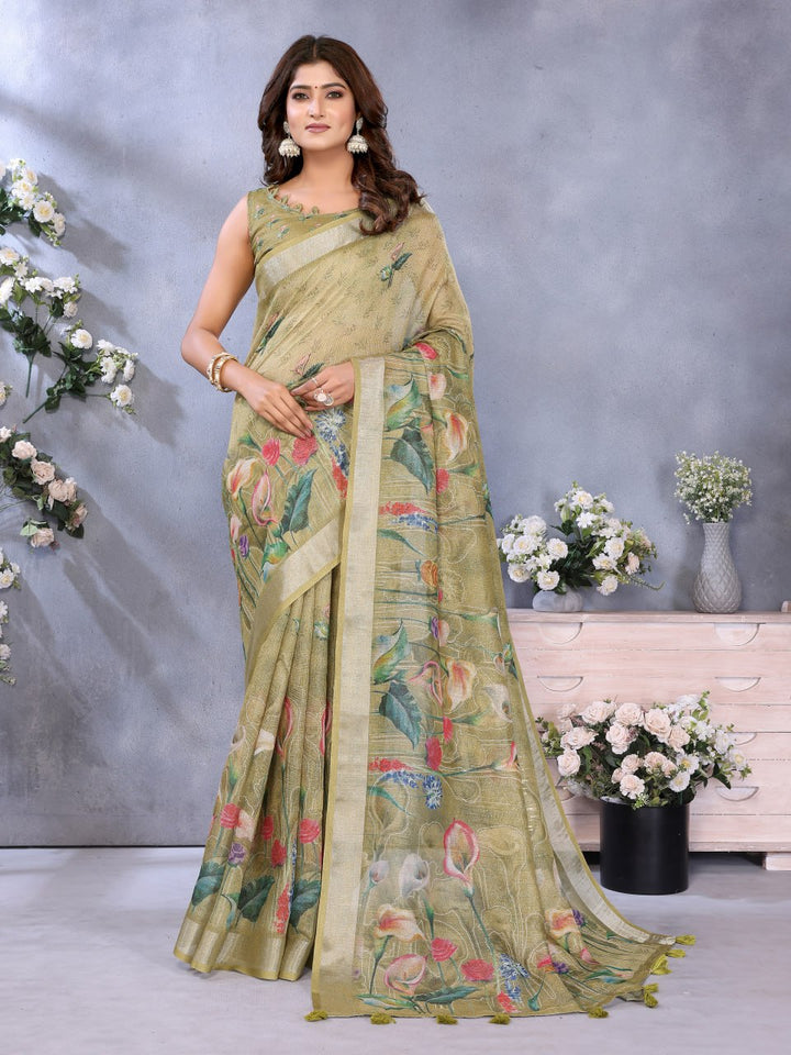 Olive Green Floral Printed Saree