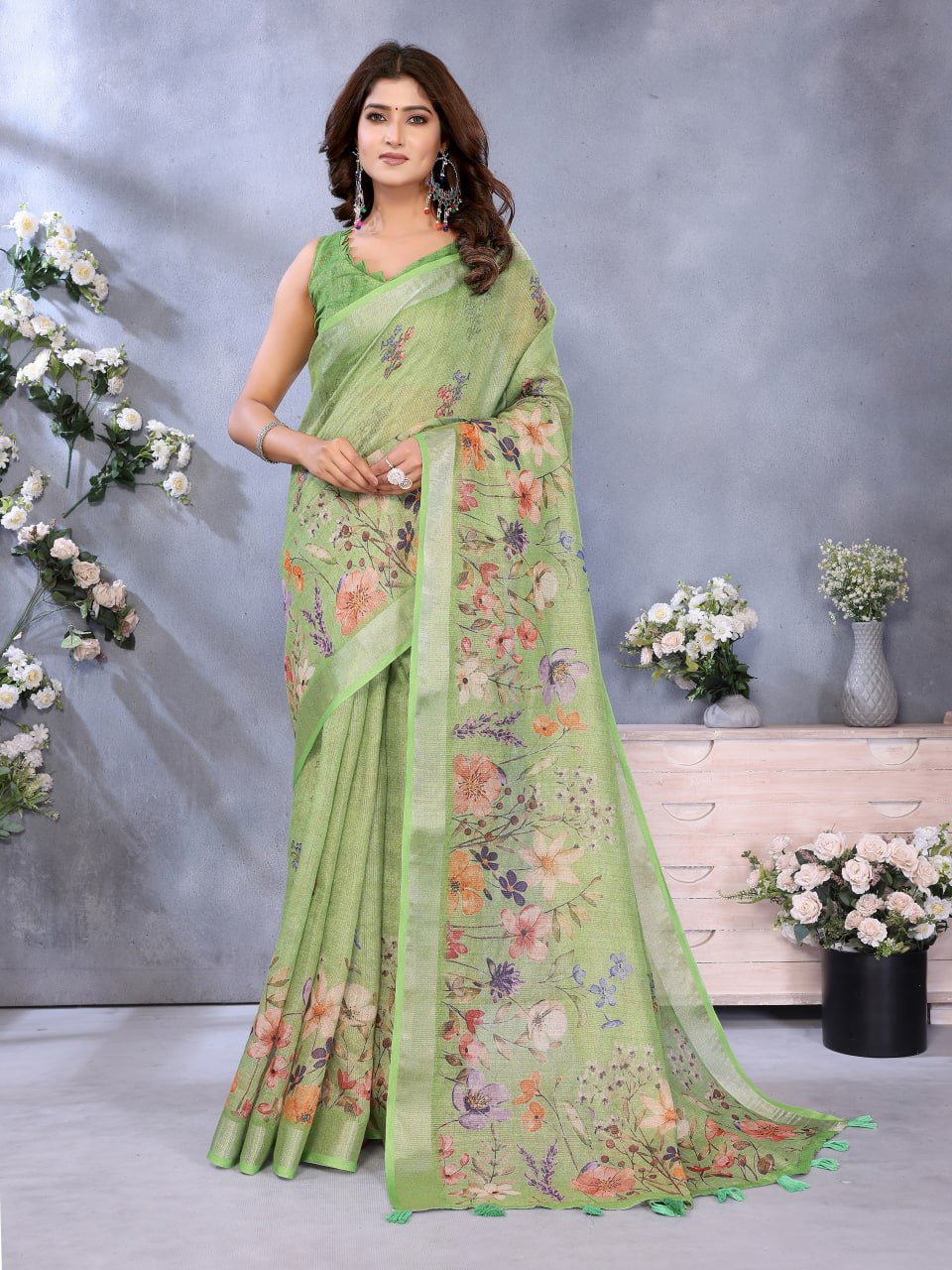 Lime Green Floral Printed Saree