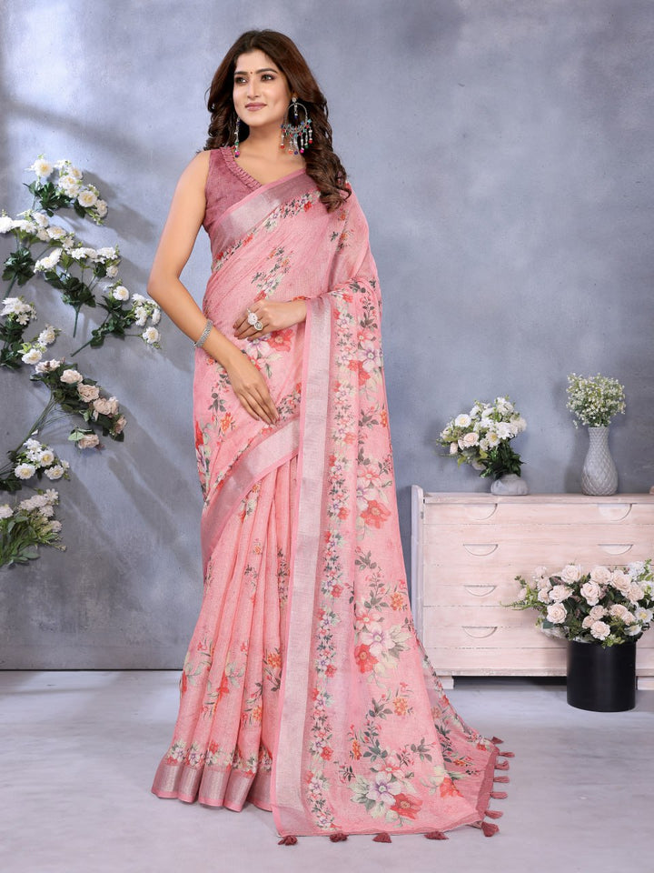 Pink Floral Print Linen Shimmer Saree