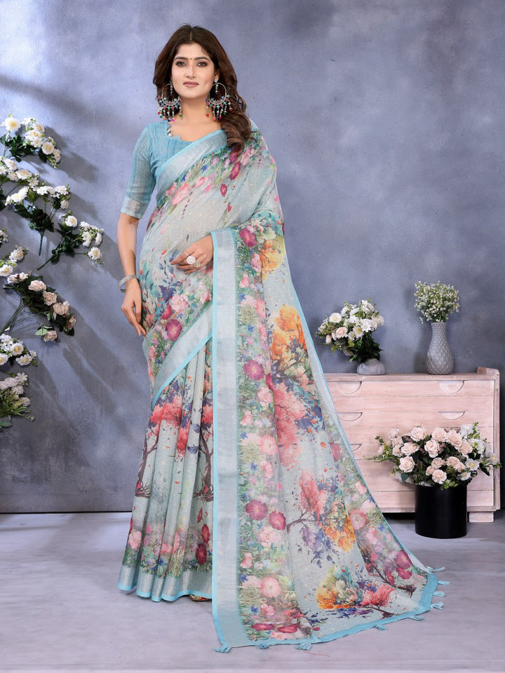 Sky Blue Multicolor Floral Print Linen Shimmer Saree