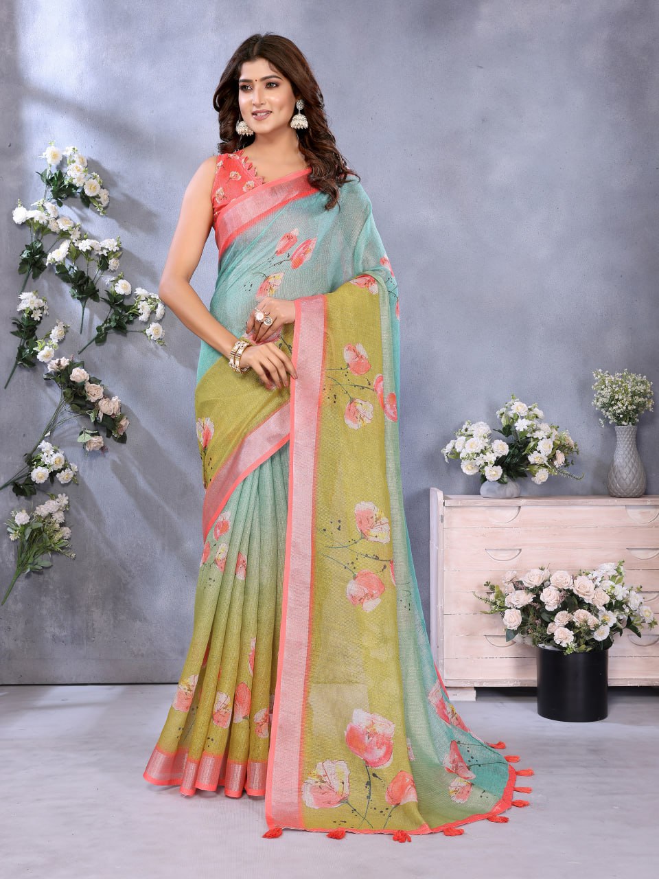 Green & Aqua Floral Print Linen Shimmer Saree