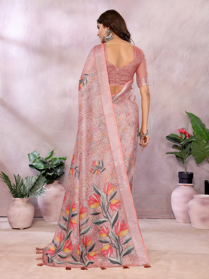 Peach Floral Print Linen Shimmer Saree