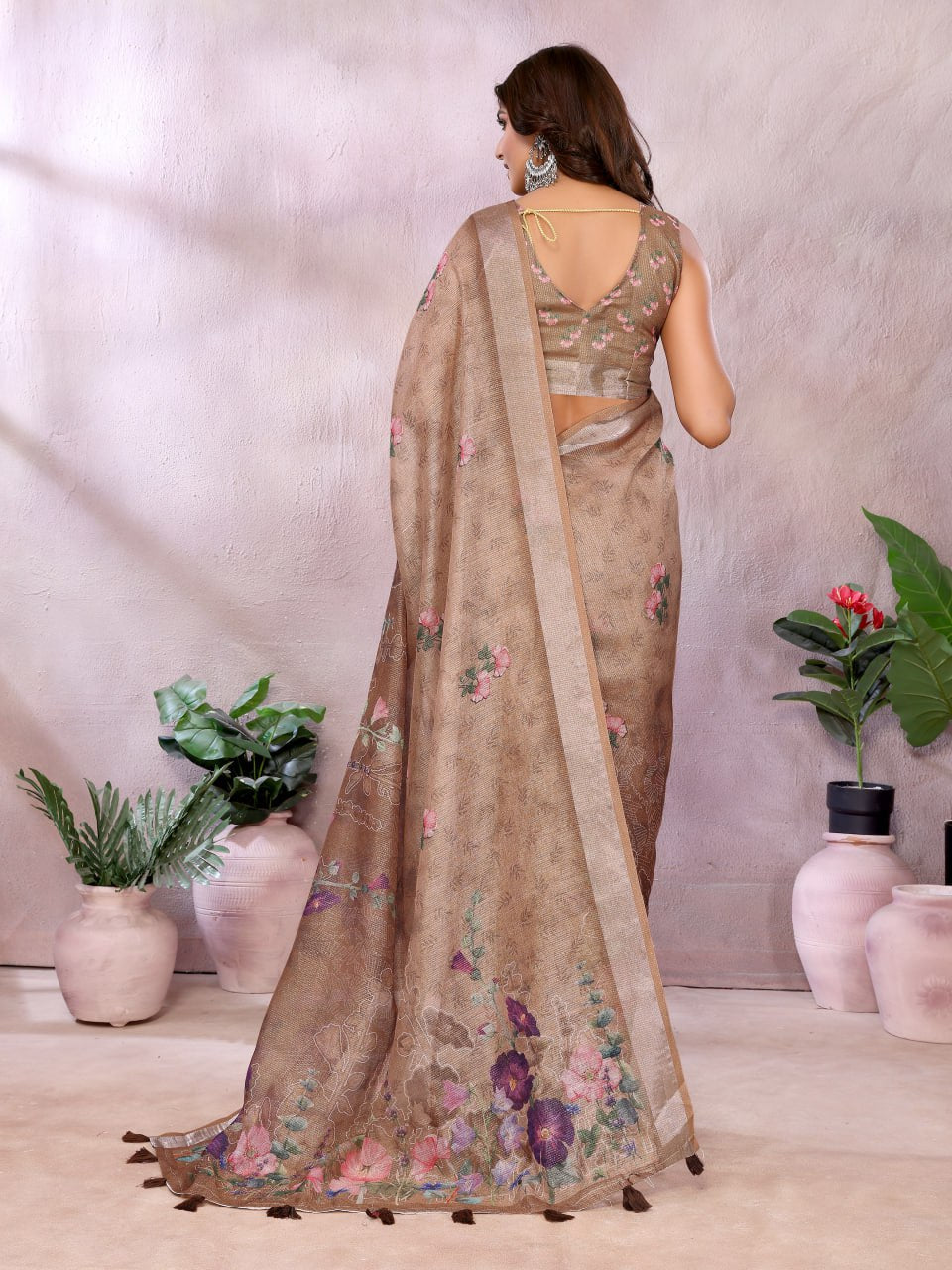 Coffee Brown Floral Linen Shimmer Saree