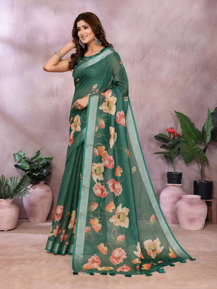 Green Floral Linen Shimmer Saree