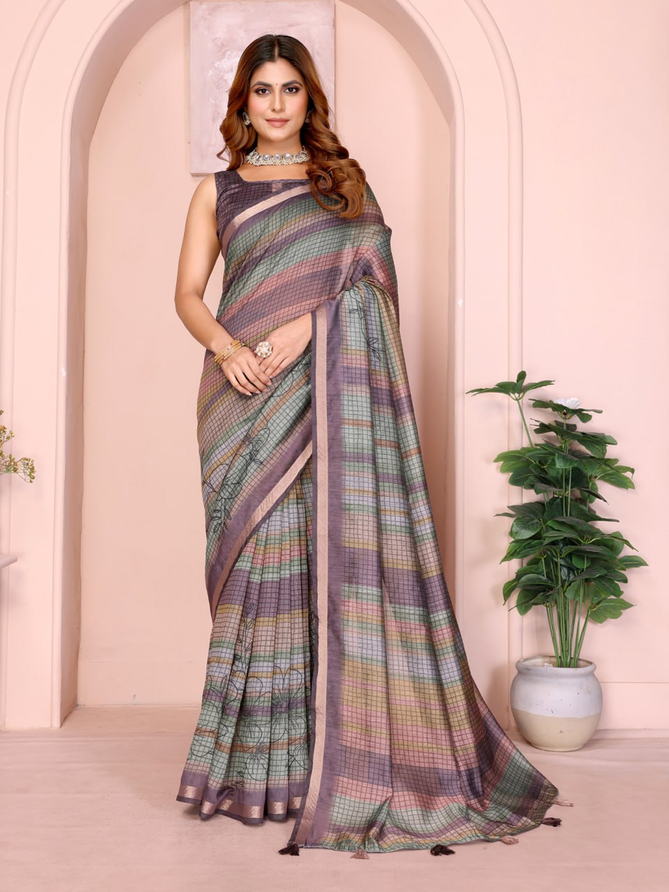 Pastel Multicolor Checked Black Chanderi Saree