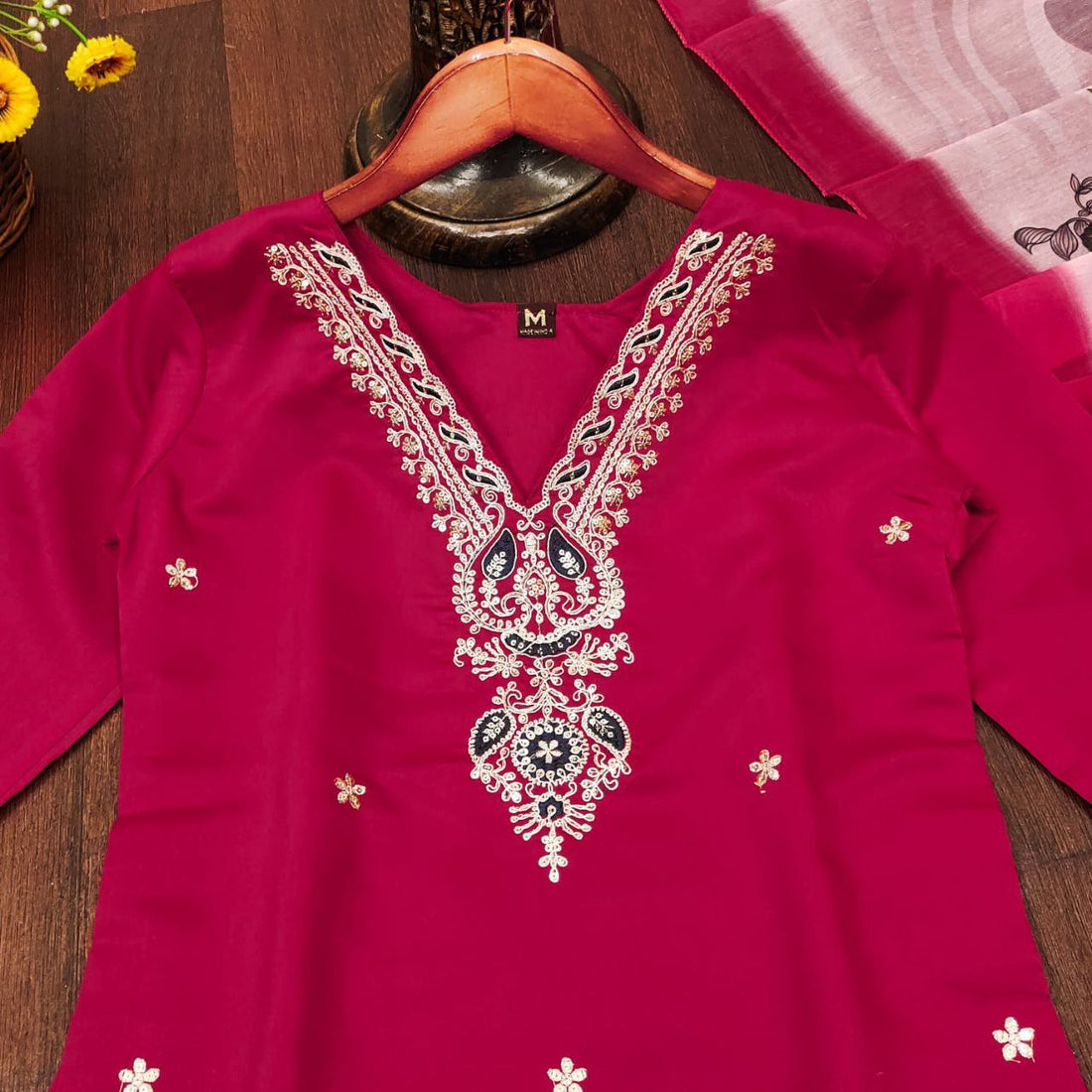 Roman Silk Embroidered Kurti Pant Set with Digital Printed Dupatta | Ethnic Wear