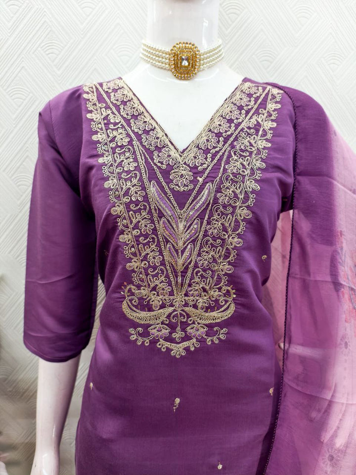 Designer Roman Silk Kurti Pant Dupatta Set with Embroidery Work