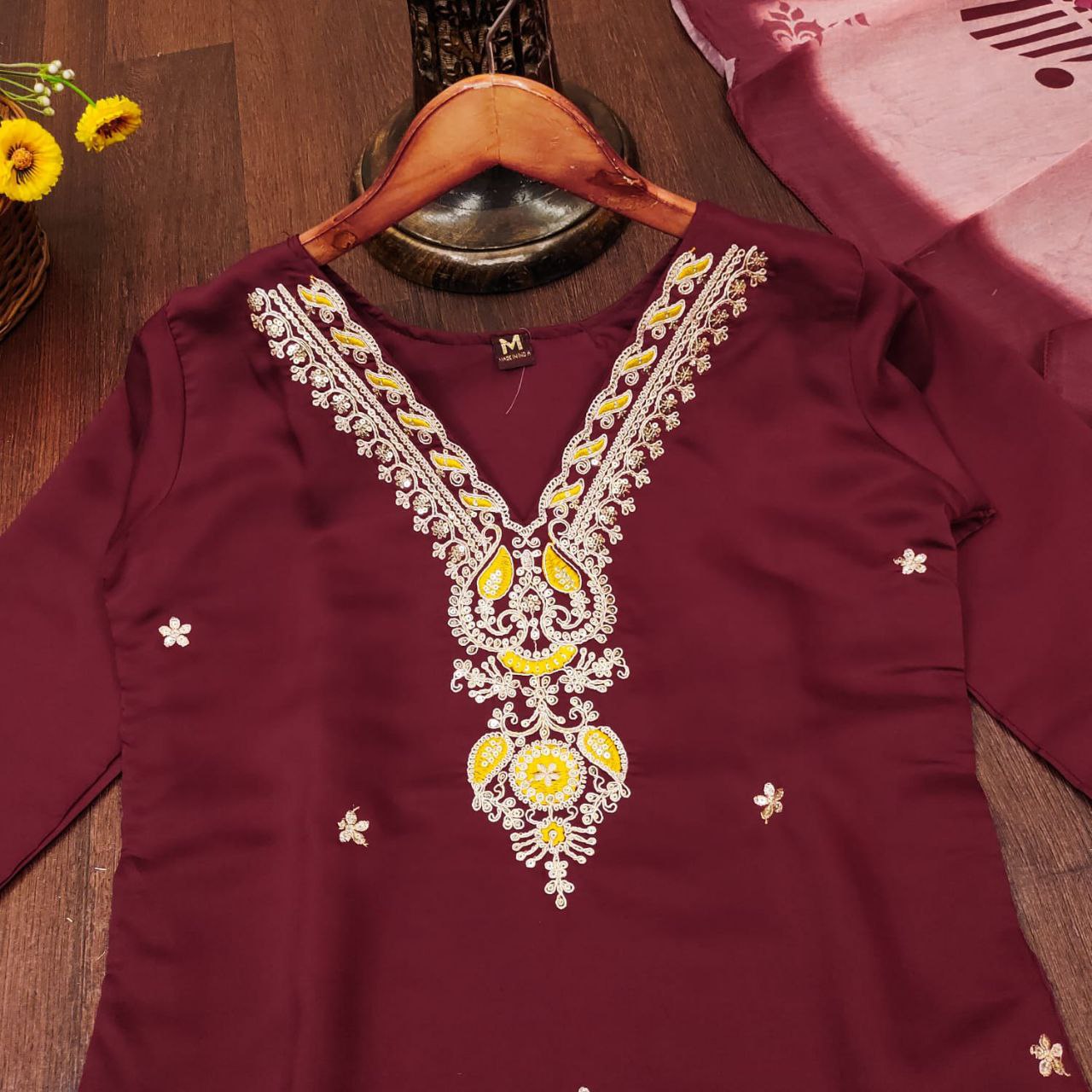 Women’s Roman Silk Embroidered Kurti with Pant & Printed Dupatta