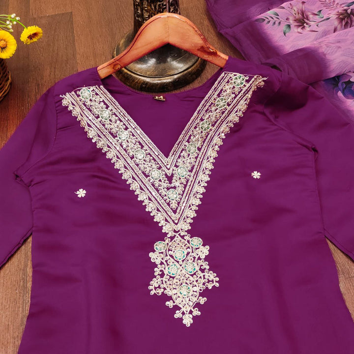 Elegant Roman Silk Embroidery Kurti Pant Set with Digital Print Dupatta